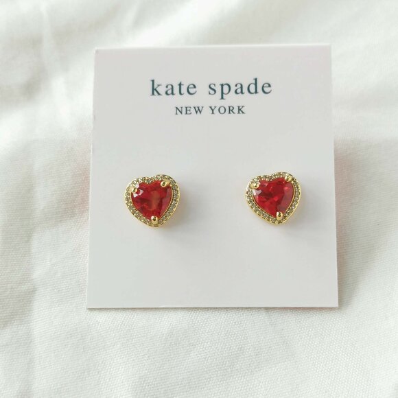 Kate Spade My Love Pavé Heart Ruby Red Gold Stud Earrings - Picture 1 of 3